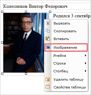 Пункты меню таблицы